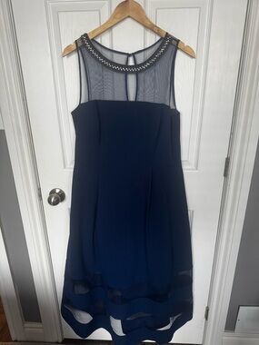 Aidan Mattox Navy Mesh Yoke Beaded Tea-Length Dress